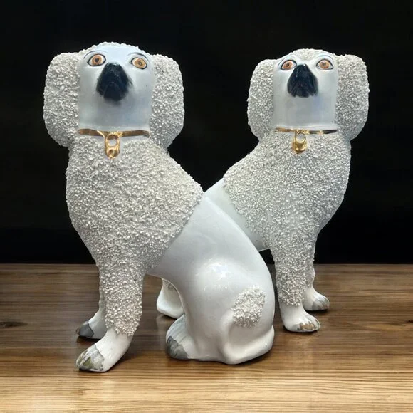 Pair Of Vintage Antique English  Staffordshire Poodle Dog Figurines 7 in - Picture 5 of 12